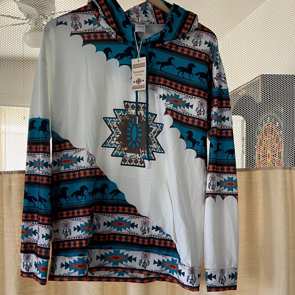 Lanaoree Southwestern Pattern Pullover soft Hoodie with Horse Motif